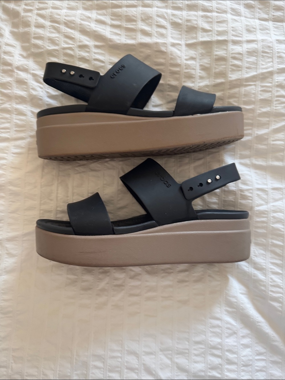 CROCS Brooklyn Women’s Black Strap Platform Sandals with Taupe Platform
